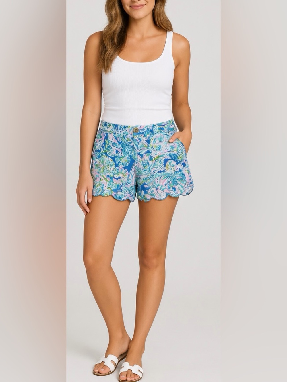 Lilly Pulitzer Dream Team Pink & Blue Buttercup Knit Scallop Hem Shorts